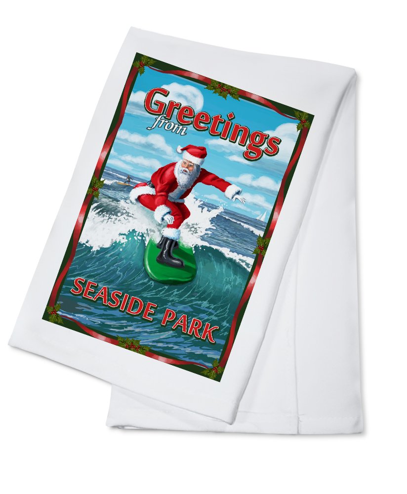 Santa Surfing Tea Towel - 100% Cotton Decorative Hand Towel for Kitchen & Home - Seaside Park New Jersey Beach Theme - Perfect for Holiday Decor, Dish Drying & Coastal Home Decor