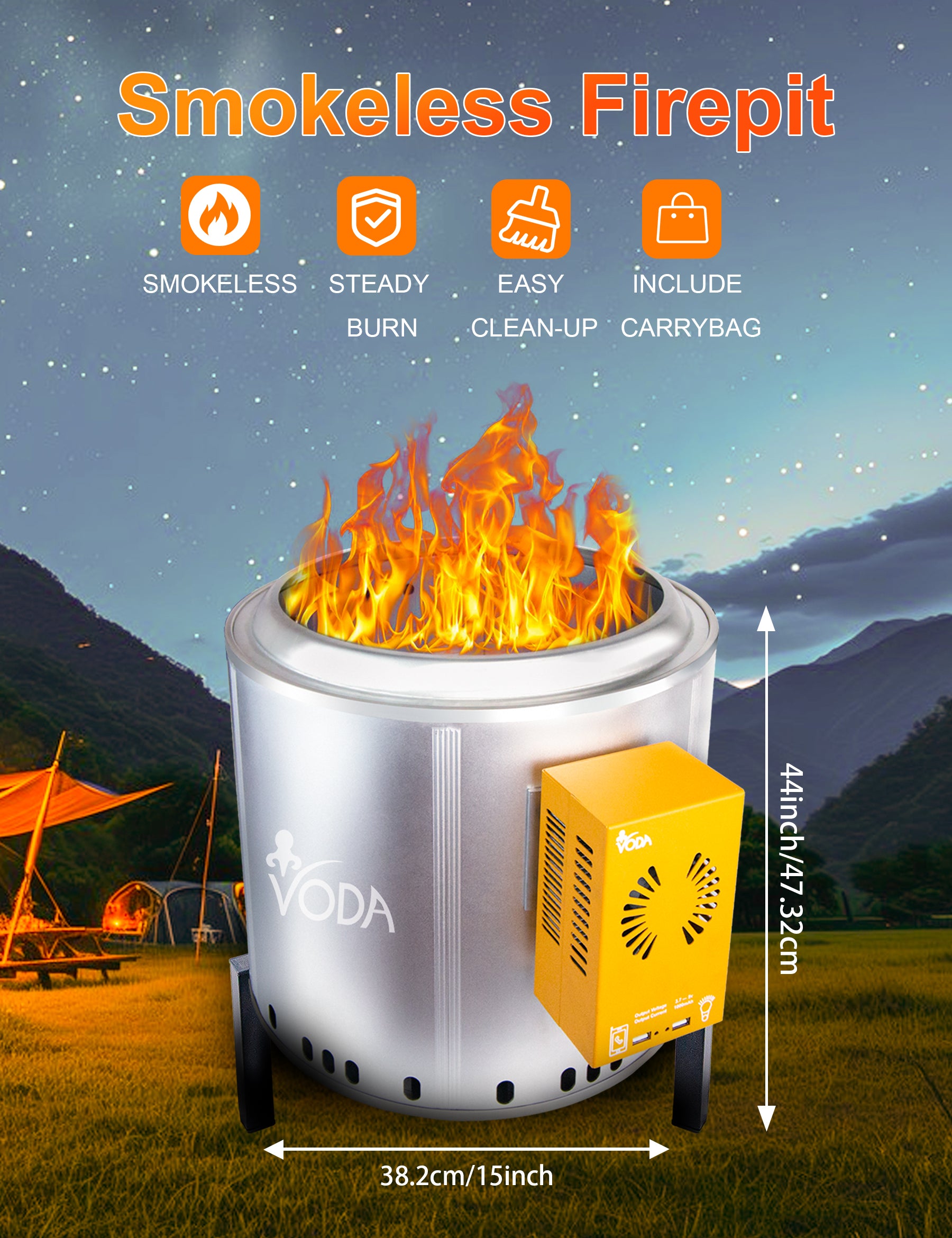 VODA 15'' Large Smokeless Fire Pit with Heat-Powered Generator - Portable Outdoor Camping Fire Pit for Phone Charging & Lighting Power Supply
