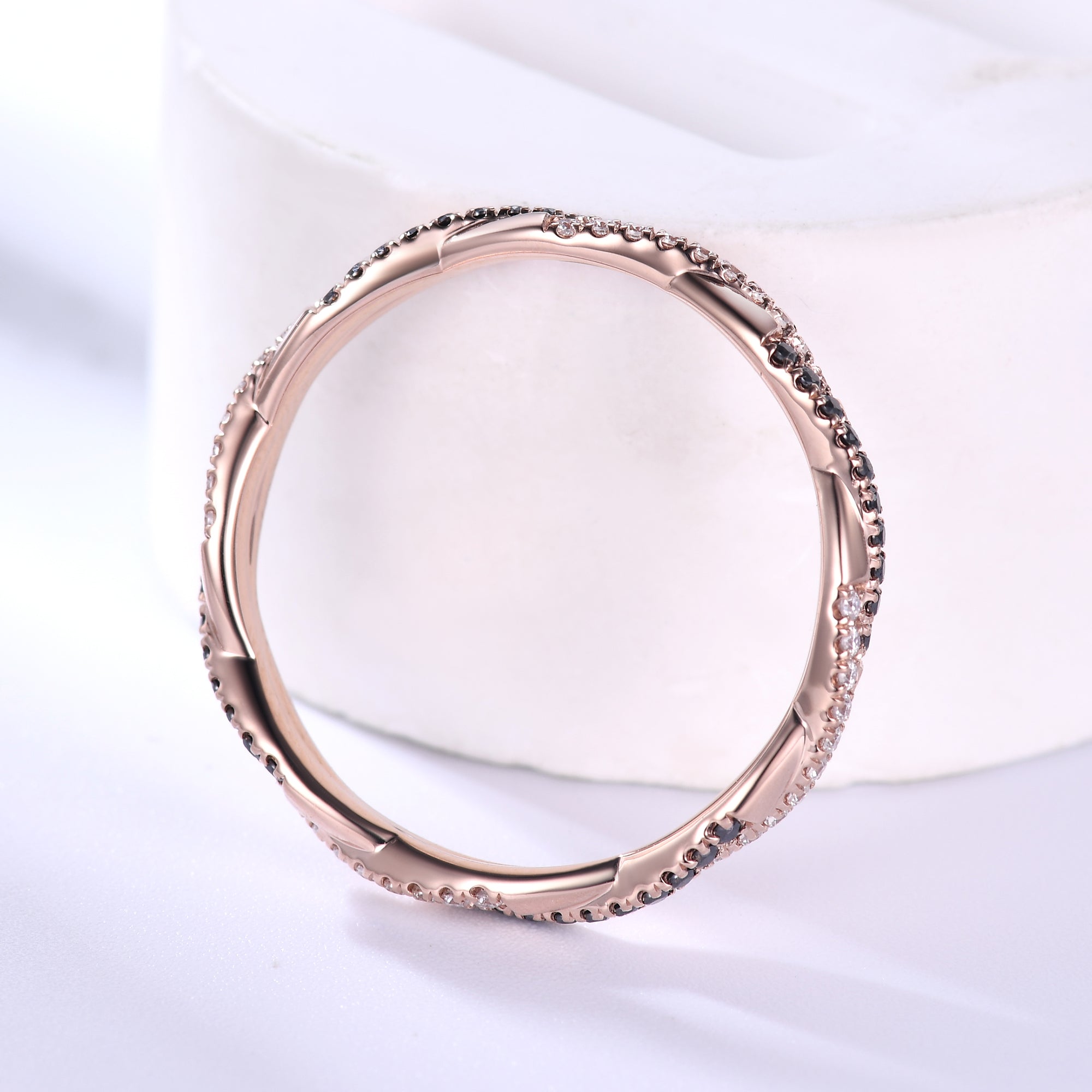 Twisted Black Diamond Wedding Band Ring for Women - 14K Rose Gold Infinity Full Eternity Ring - Perfect for Anniversary, Engagement & Romantic Gifts