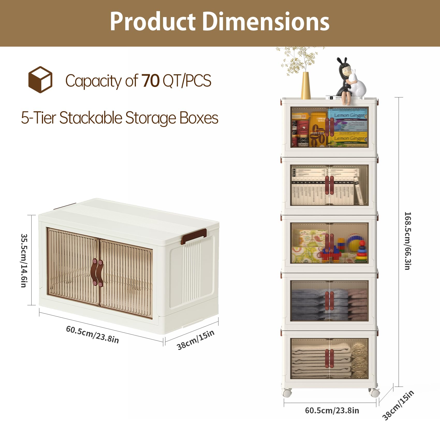 5-Tier Collapsible Storage Bins with Wheels & Doors - Foldable Cabinet for Home/Office