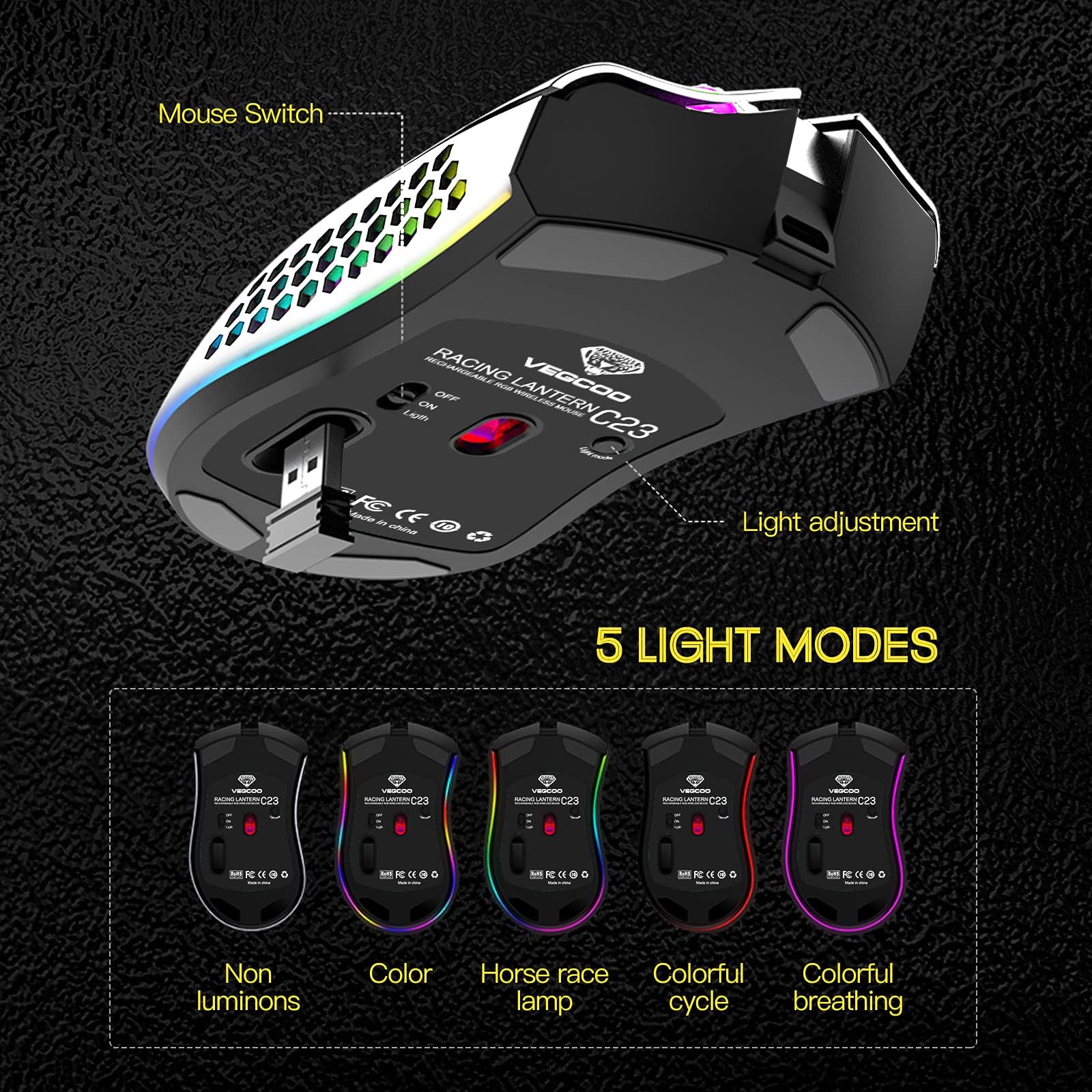 VEGCOO Wireless Gaming Mouse - Silent Click, Rechargeable, RGB LED Lights, 3 Adjustable DPI (400-2400), 400mAh Battery for PC, Laptop, Mac - White (C23) - Perfect for Gaming, Office Work & Home Use