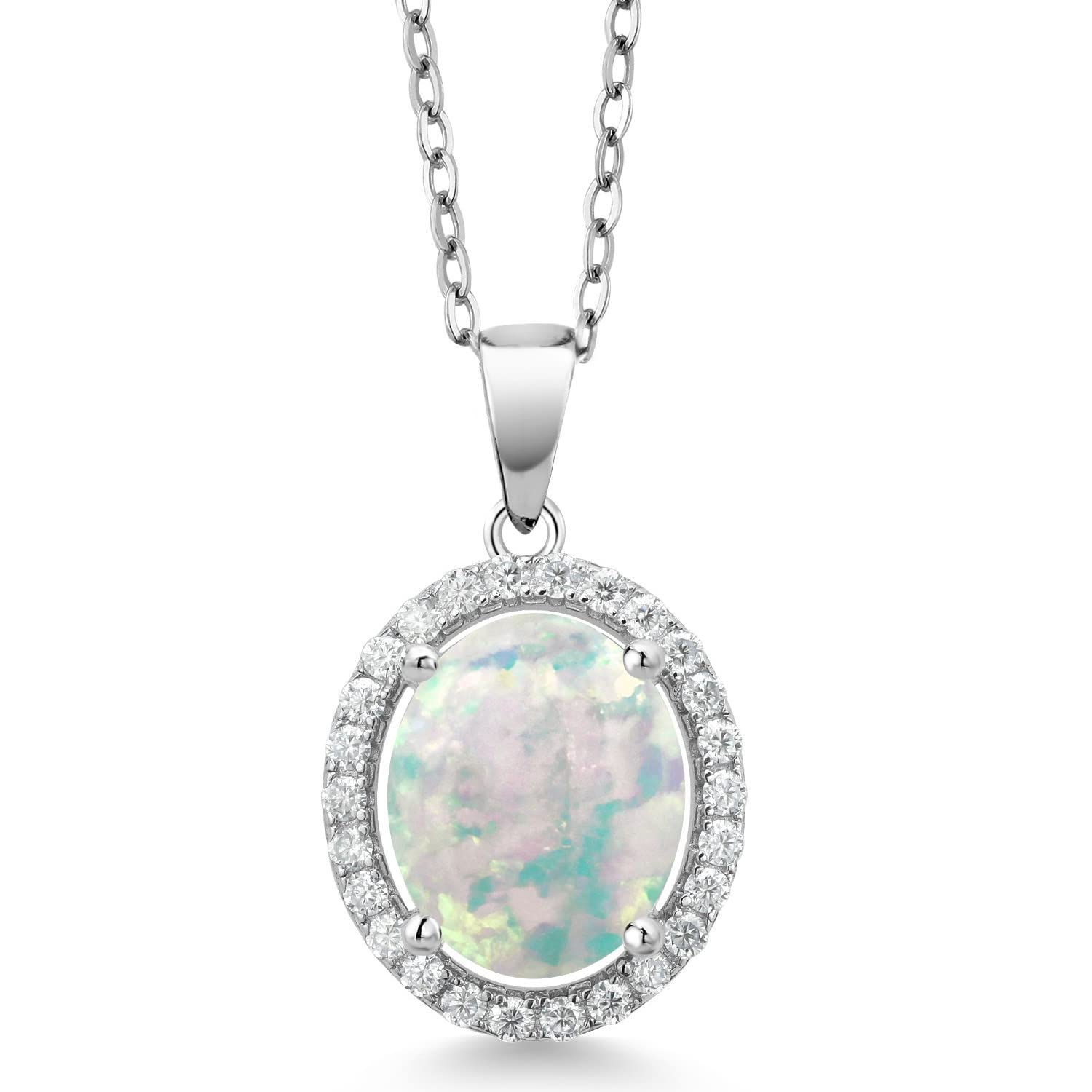 Gem Stone King 925 Sterling Silver 11X9MM Oval Birthstone & White Moissanite Halo Pendant Necklace for Women | 18 Inch Chain | Elegant Jewelry Gift for Birthday, Anniversary & Special Occasions