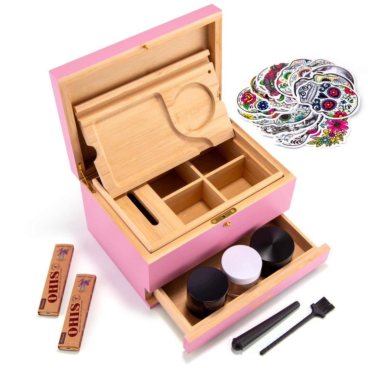 Premium Bamboo Stash Box with Lock - Smell Proof Storage Container with Rolling Tray, Glass Jar & Grid - Decorative Organizer for Herbs, Jewelry & Valuables - Perfect for Home, Travel & Discreet Storage (Pink)