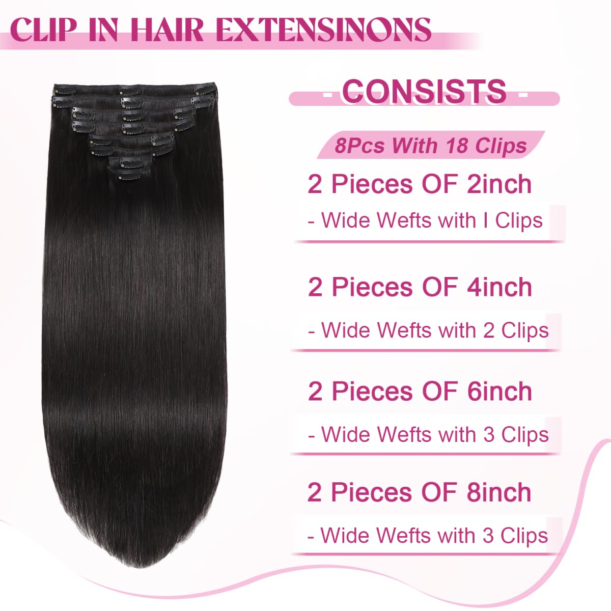 20 Inch 100% Brazilian Remy Human Hair Clip-in Extensions (8pcs Double Weft, 105g/3.7oz) - Natural Black #1B for Women | Perfect for Volume, Length & Styling for Parties, Weddings & Daily Wear