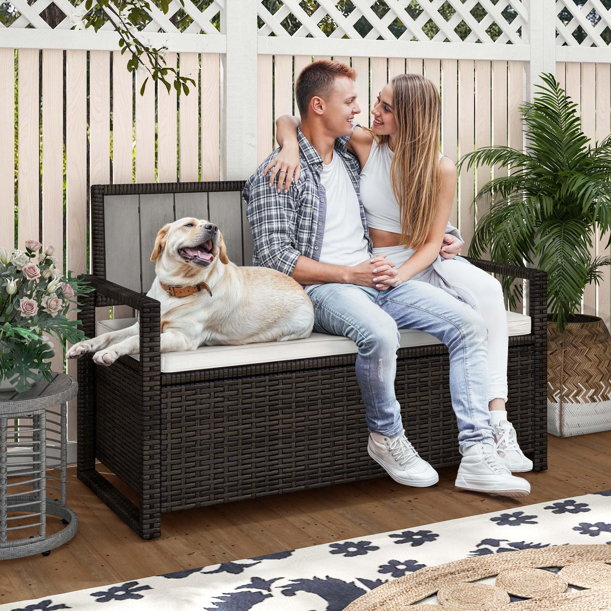 DWVO 70 Gallon Outdoor Storage Bench - Weather-Resistant Deck Box with Cushion Seating, Wicker Patio Furniture for Garden, Poolside & Backyard - Perfect for Storing Cushions, Toys & Outdoor Gear (Brown)