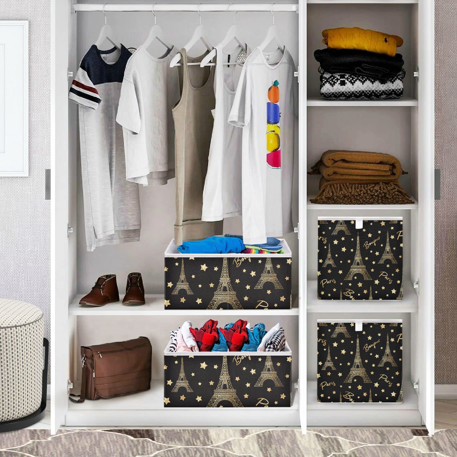 Collapsible Rectangular Storage Basket - Large Eiffel Tower Design Toy Organizer Bin for Shelves, Closet, Nursery & Home Decor | Perfect for Kids' Room, Playroom & Bedroom Organization