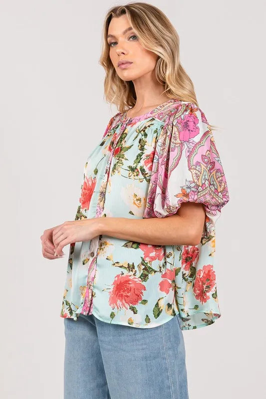 Plus Size Floral Print Mineral Wash French Terry Button Up Shirt for Women - Casual Loungewear & Spring Layering Top