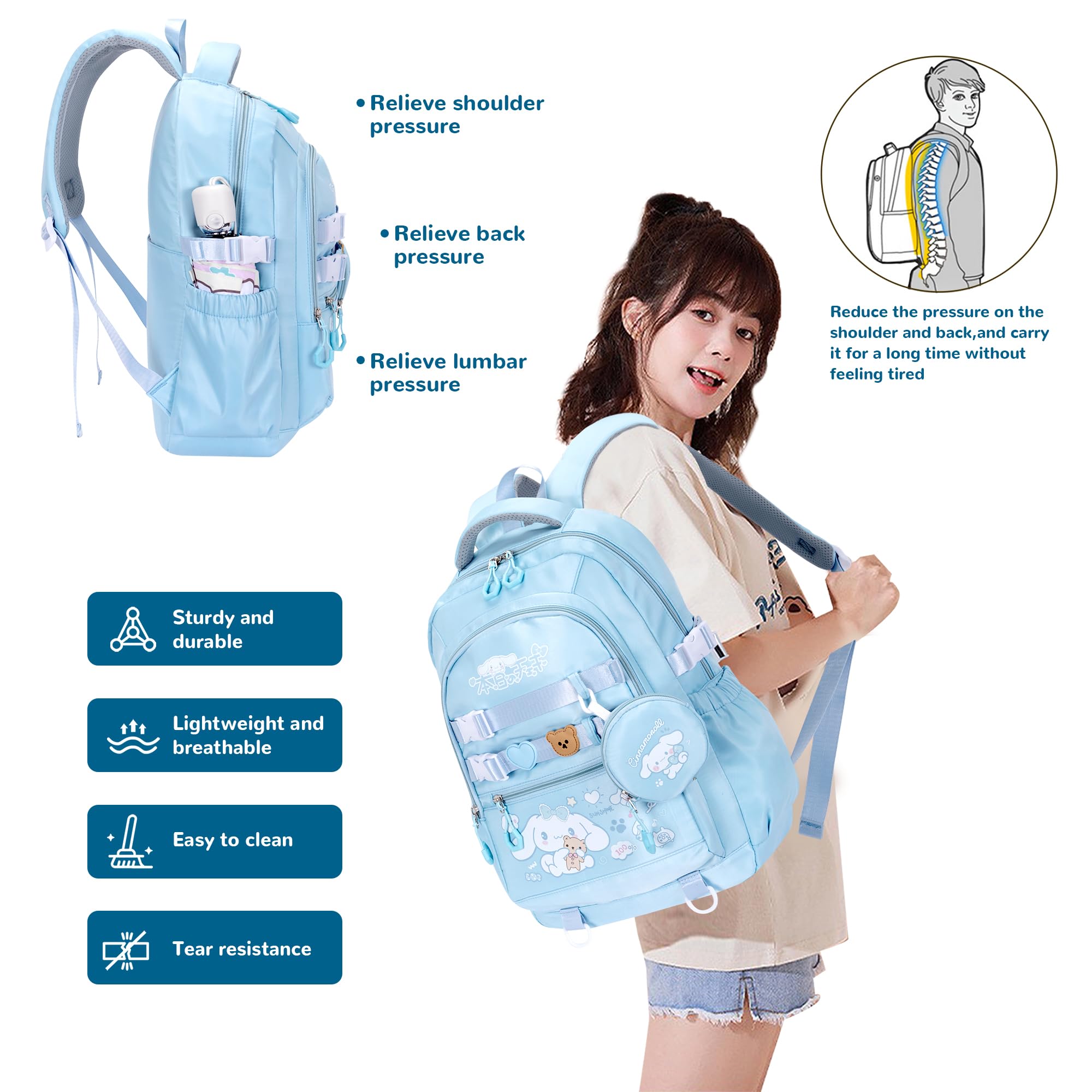 Cinnamoroll Anime Backpack for Girls - Kawaii School Bag with 12 Pcs Accessories, Anti-Theft Laptop Compartment, Cute Pins | Aesthetic Travel Daypack for Students, College, Work & Daily Use