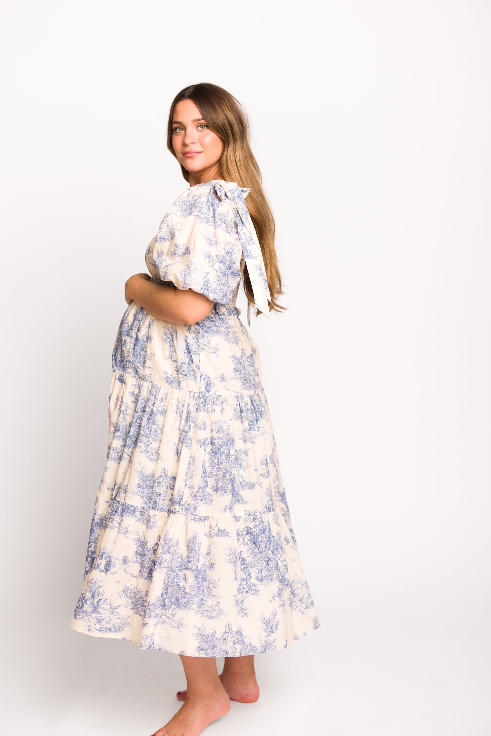 Elena 100% Cotton Toile Print Smocked Midi Dress - Blue Floral Maternity Dress for Bump Friendly Comfort | Perfect for Baby Showers, Summer Outings & Casual Wear