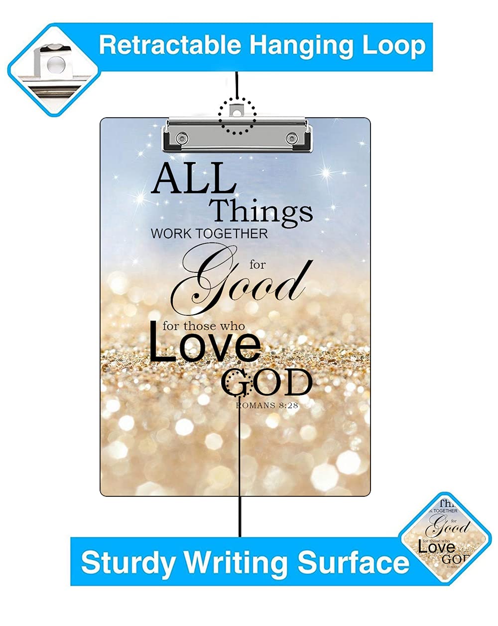 A4 Plastic Clipboard with Metal Clip, Cute Coaster & Pen Bag - Retractable Hanging Hole, Rainbow Glitter Design with Bible Verse (Psalm 8:28) - Perfect for School, Office, Home & Bible Study Organization