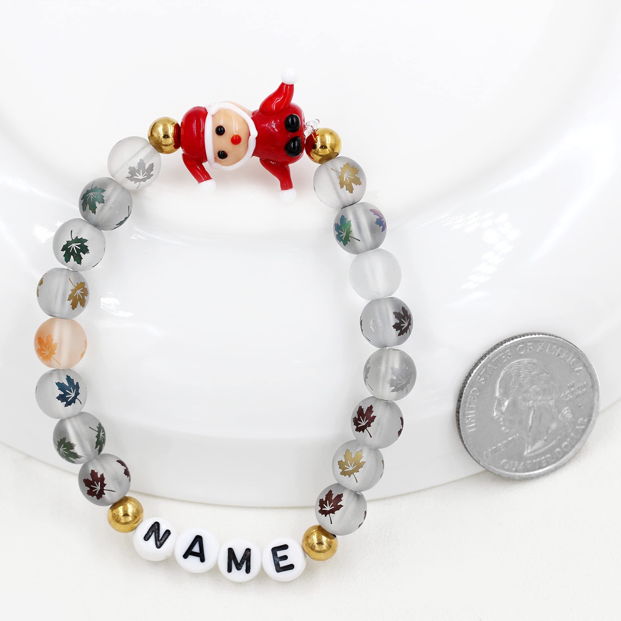 Personalized Name Custom Letter Bead Bracelet - Matte Maple & Lampwork Glass Beads - Christmas Gift for Her - Santa Claus Design - Perfect for Holiday Parties & Stocking Stuffers