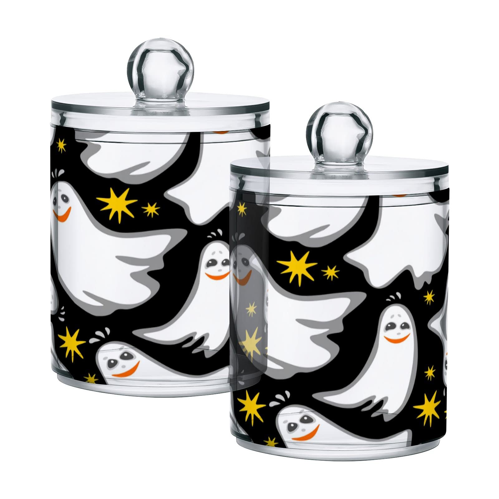 Black Plastic Storage Jars with Lids - Set of 2 White Ghost & Yellow Star Design 10oz Translucent Food Containers for Cotton Swabs, Tea, Cookies | Airtight Kitchen & Bathroom Organization