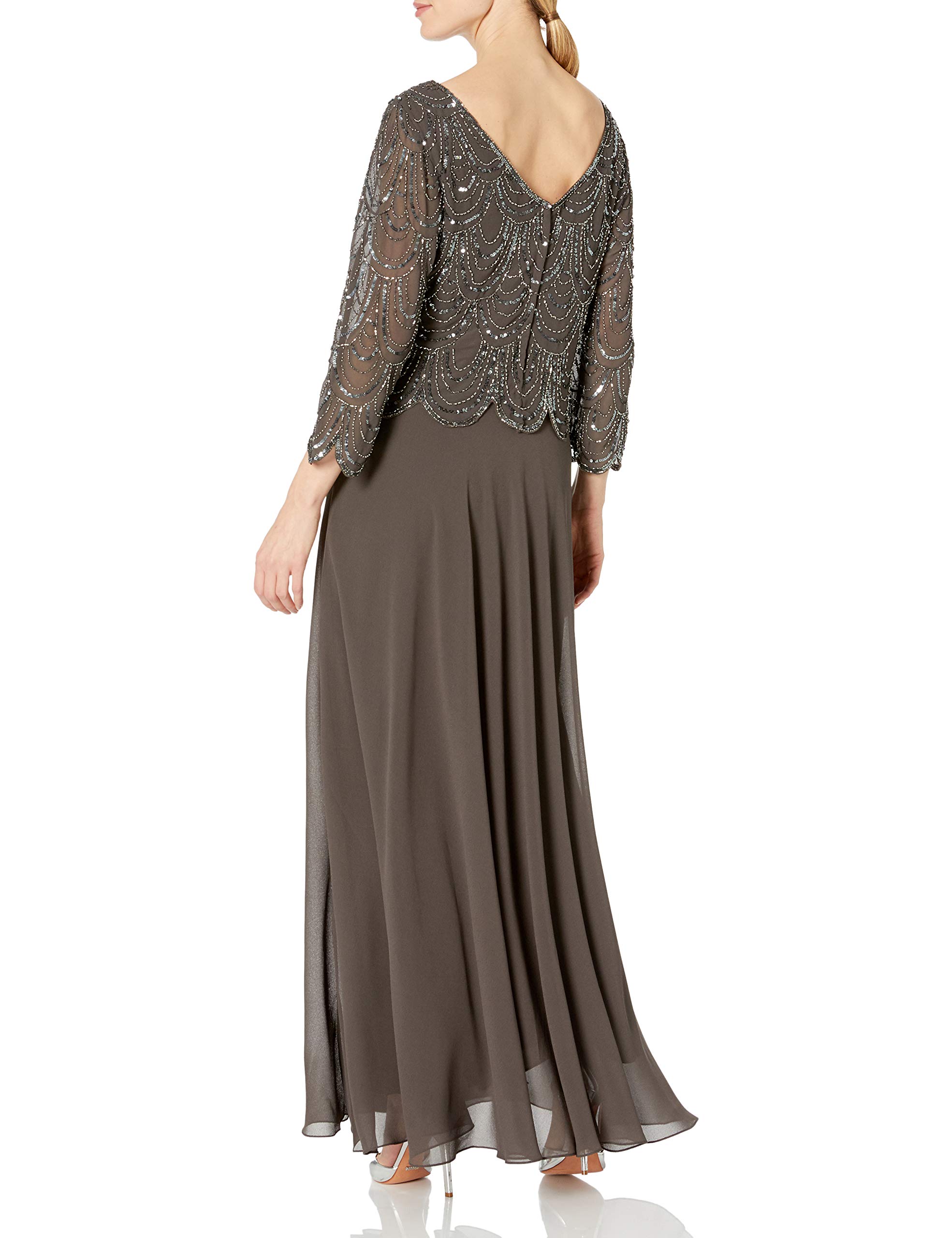J Kara Women's Petite 3/4 Sleeve Scallop Beaded Pop Over Gown - Elegant Cocktail Dress for Parties, Weddings & Special Occasions