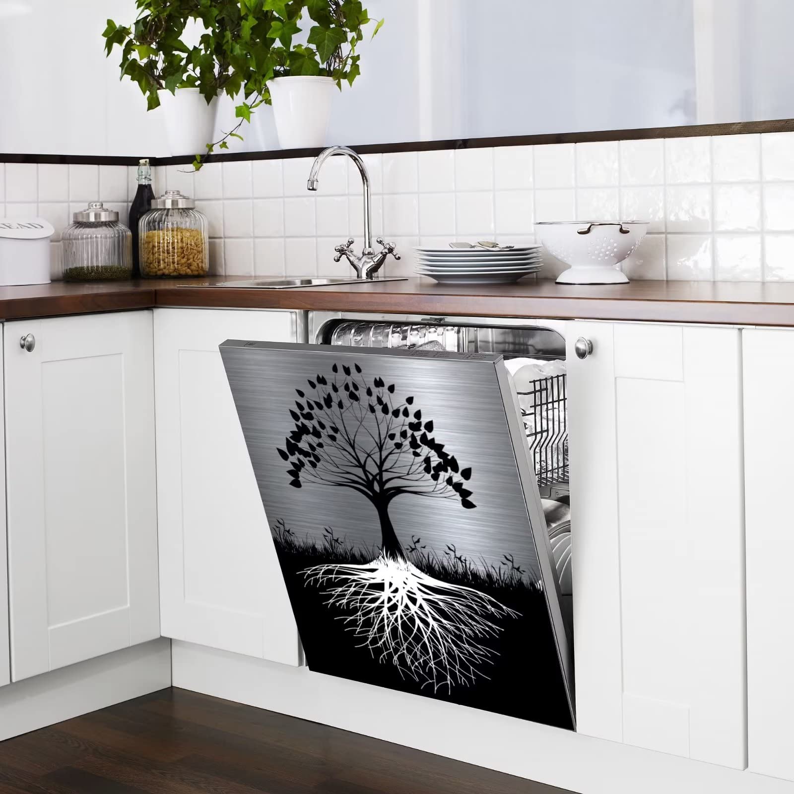 Tree of Life Dishwasher Cover Magnet Decor - 23x26 Inch Large Polishing Metal Dishwasher Front Panel - Black Kitchen Appliance Decal - Silver Magnetic Sticker for Refrigerator & Dishwasher - Perfect for Modern Kitchen Decor & Home Improvement