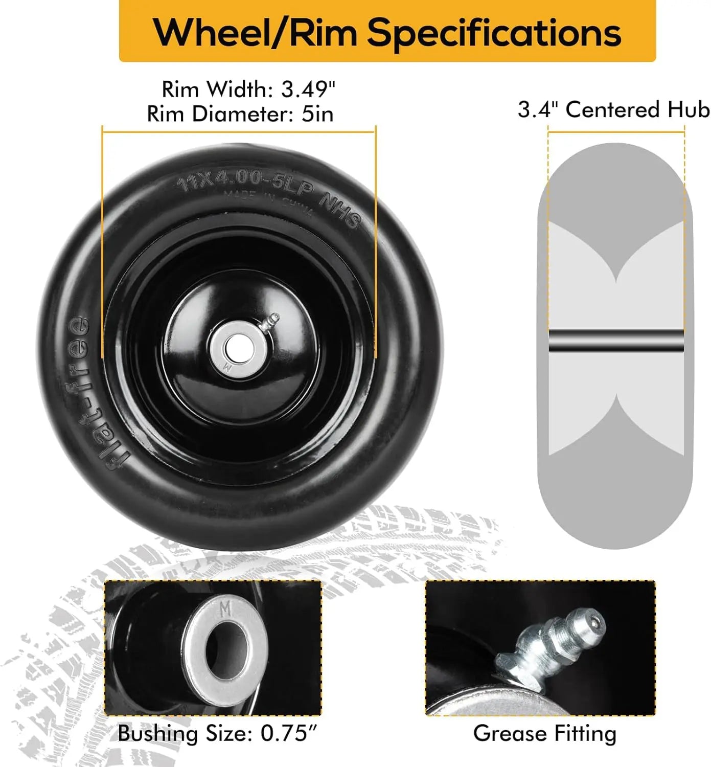 2PCS 11x4.00-5 Flat Free Lawn Mower Tires on Wheels – Universal Fit for Zero Turn Mowers, 3/4