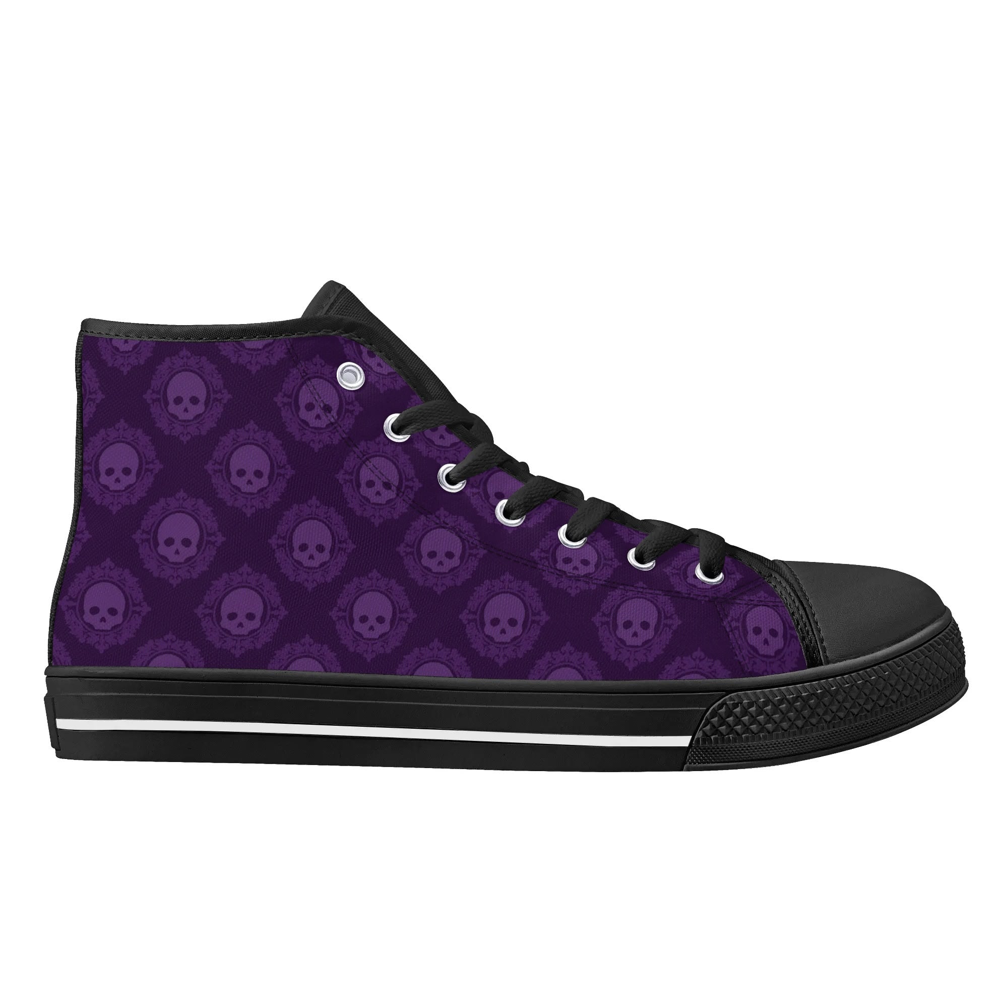 Gothic Purple Skull Print High Top Canvas Sneakers - Punk Rock Fashion Shoes for Women & Men | Perfect for Concerts, Halloween Costumes, and Alternative Streetwear