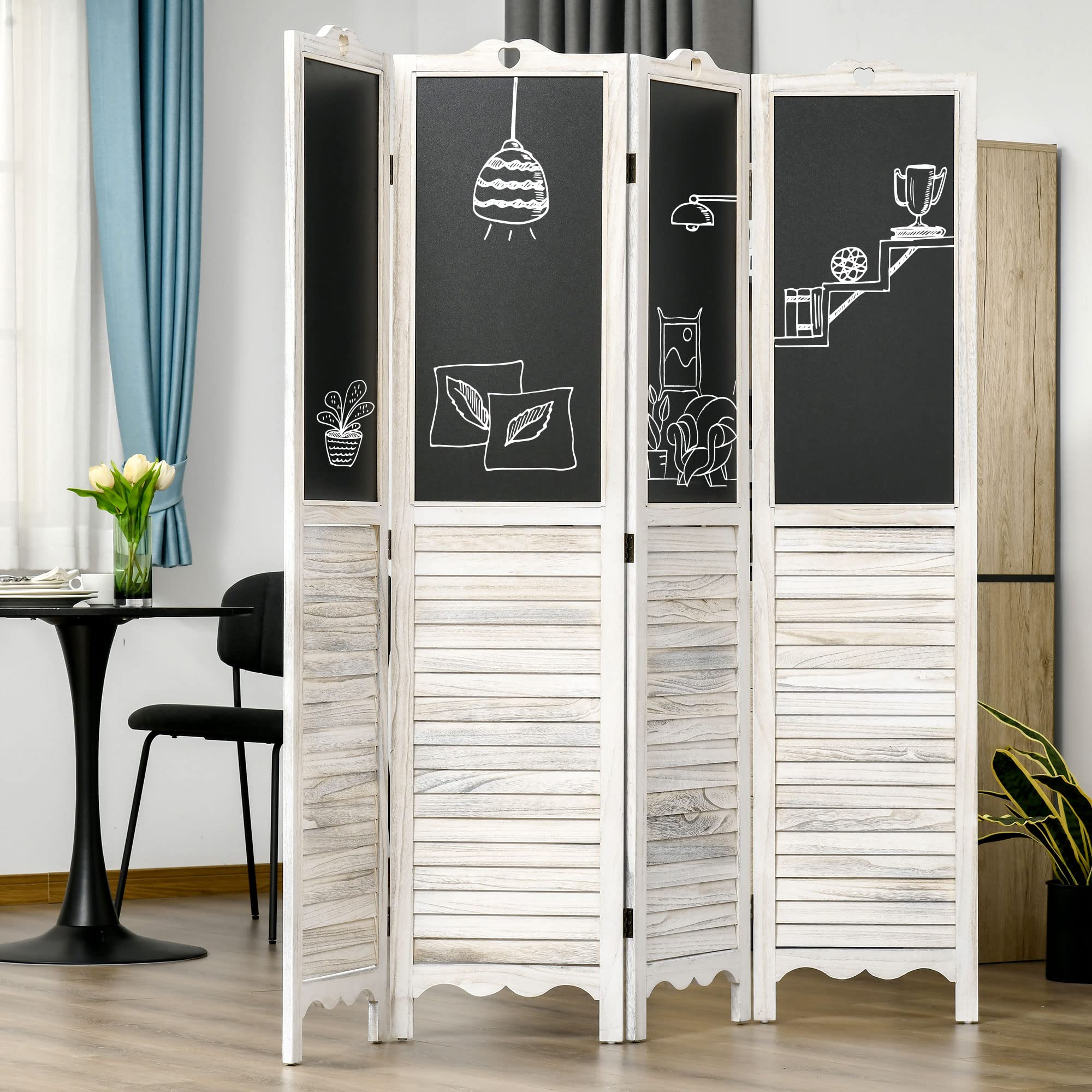 HOMCOM 4-Panel Folding Room Divider with Blackboard - 5.5 Ft Tall Freestanding Privacy Screen for Bedroom, Office, or Classroom - White | Perfect for Home Organization, Office Partitions & Kids' Learning Spaces