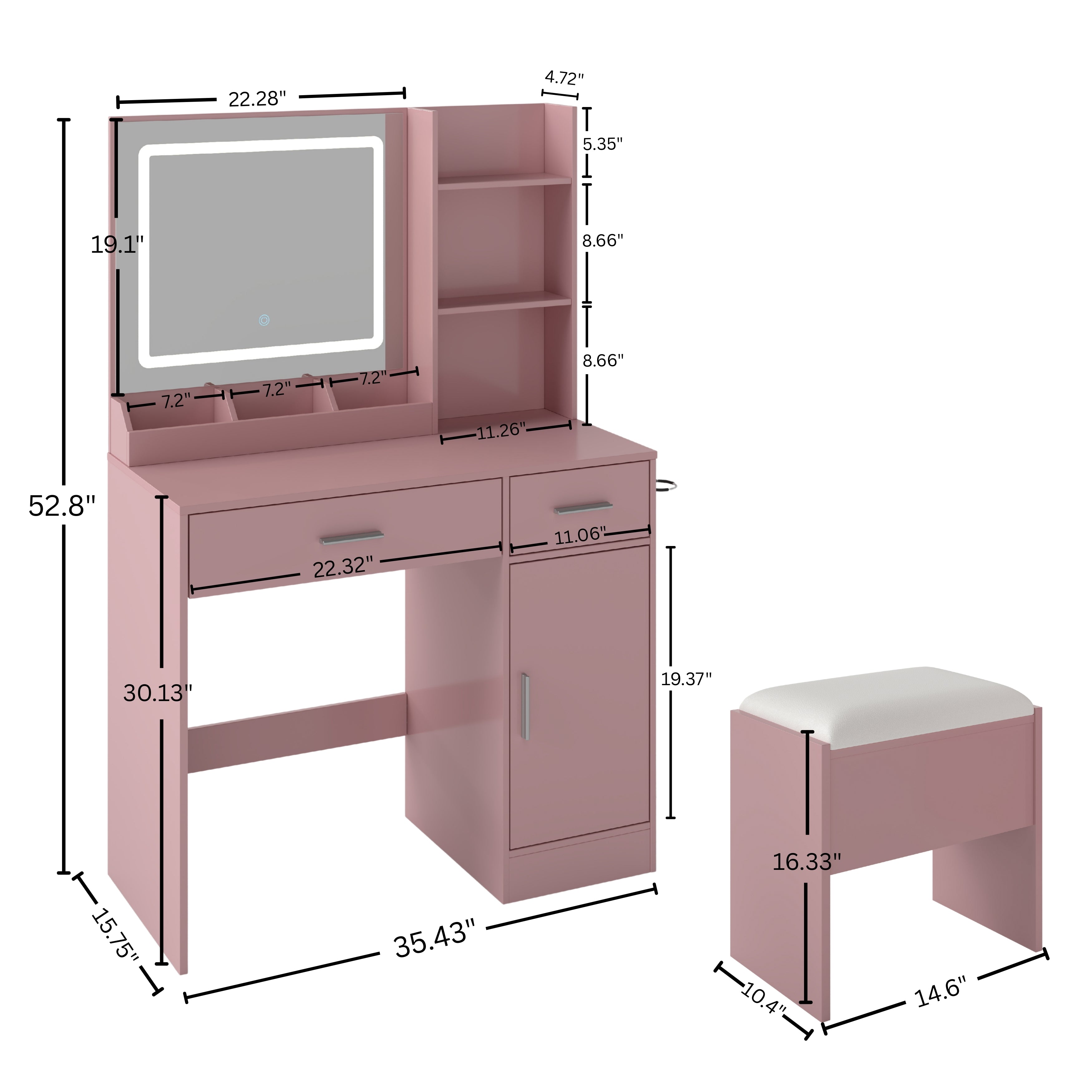 Roundhill Furniture Lavin Makeup Vanity Set with LED Light Mirror & Charging Station - White Vanity Desk & Stool for Bedroom, Dressing Room & Beauty Salon | Modern Makeup Table with Storage & USB Ports