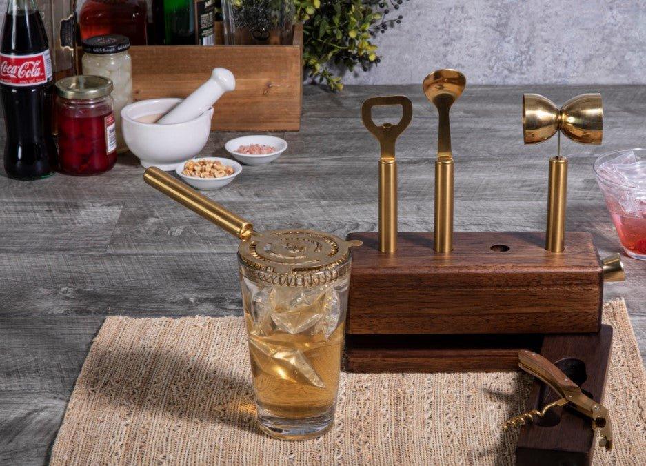 Premium Acacia Wood 5-Piece Bar Tool Set - Cocktail Shaker, Jigger, Muddler, Strainer & Spoon - Perfect for Home Bars, Cocktail Parties & Professional Bartenders