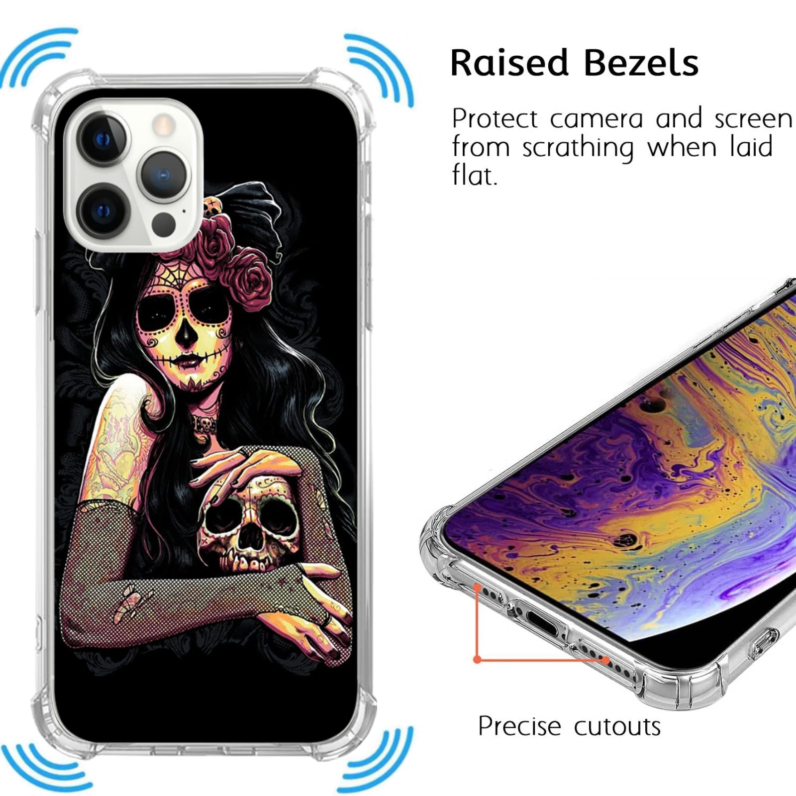 Trendy Sugar Skull Floral Phone Case for iPhone 13 Pro Max - Gothic Aesthetic TPU Bumper Cover for Women & Men - Perfect for Halloween, Day of the Dead, and Alternative Fashion Lovers