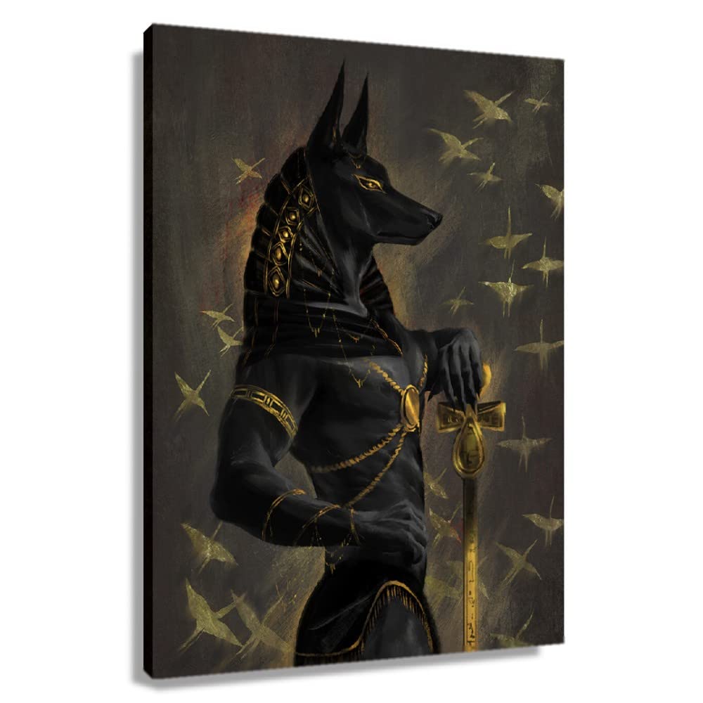 Anubis Egyptian Mythology Wall Art - Framed Canvas Print (24x36 inches/60x90cm) - Egyptian God Decor for Bedroom, Living Room, Kitchen & Office | Ancient Egyptian Poster for Home & Office Decor
