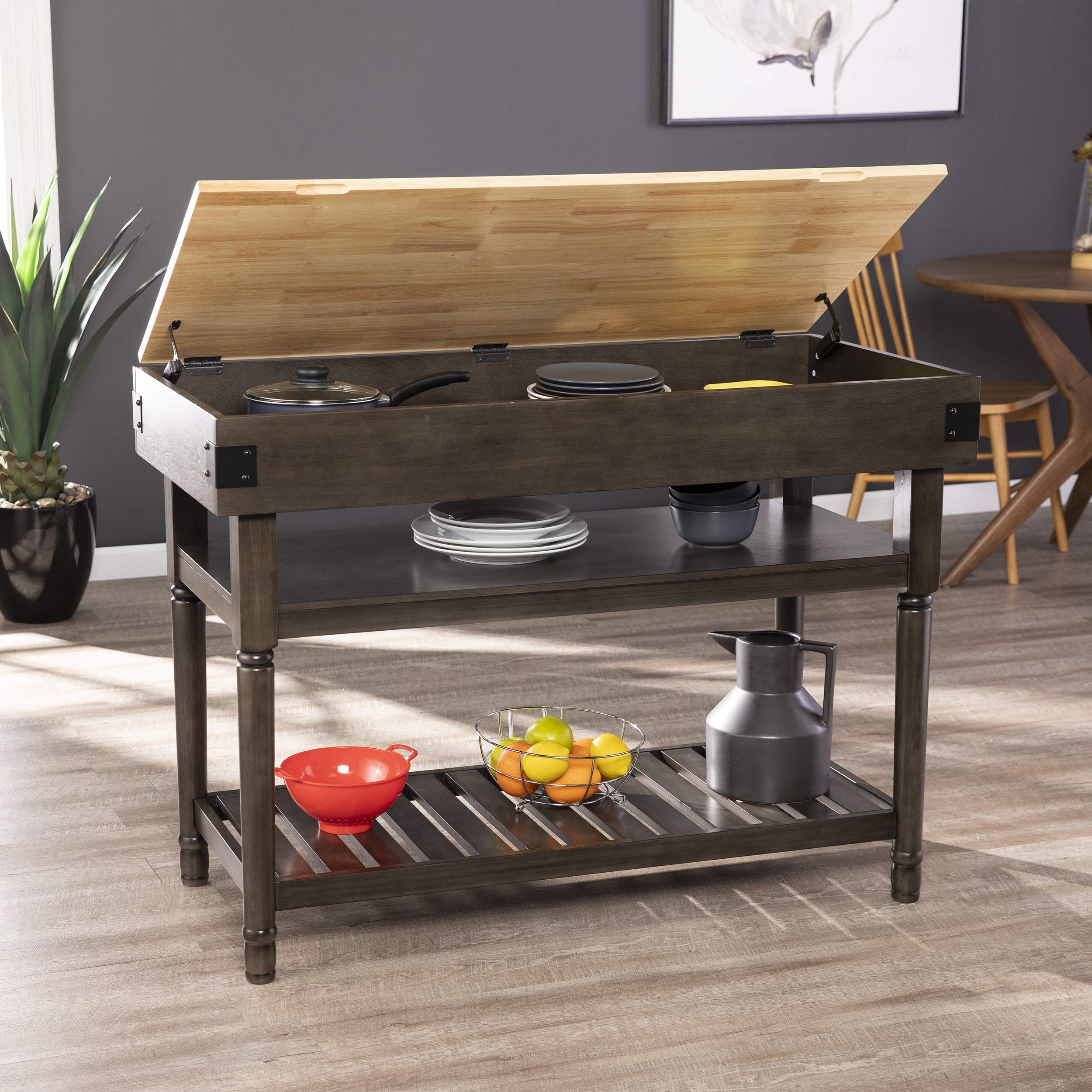 SEI Furniture Waysmere Kitchen Island with Storage - Smoked Ash Finish, Natural Wood Countertop - Perfect for Small Kitchens, Breakfast Bars & Extra Counter Space