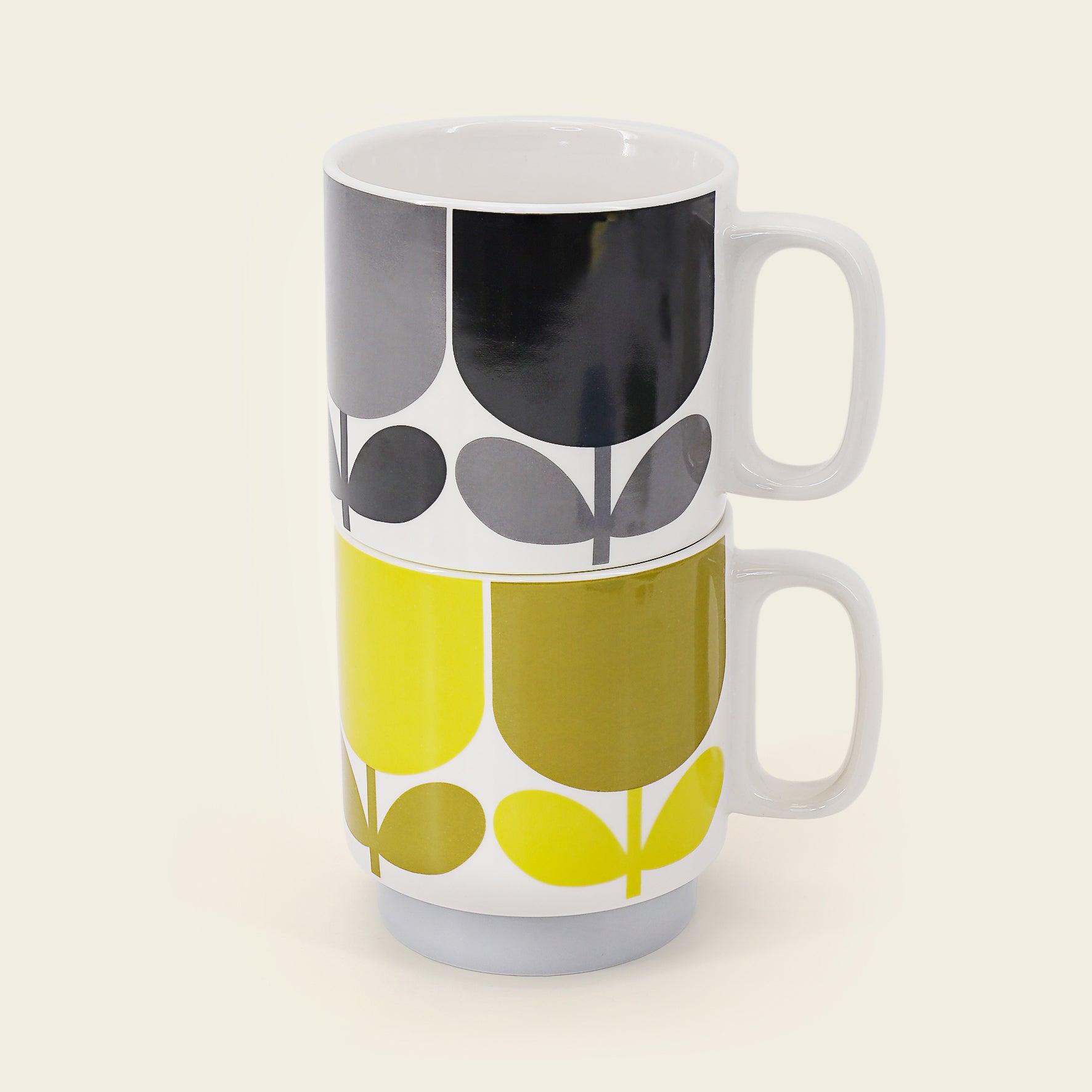 Premium Large Coffee Mugs Set of 2 - Elegant Block Flower Design in Slate & Ochre Colors - Perfect for Home, Office, and Gift Giving