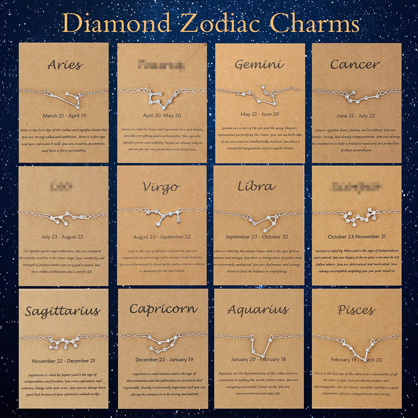 Hicarer 48-Piece Zodiac Charms for Jewelry Making - 4 Styles Diamond Alphabet Alloy Pendants, 12 Horoscope Sign Charms with 24 Cards - Perfect for DIY Necklaces, Bracelets, and Personalized Gifts