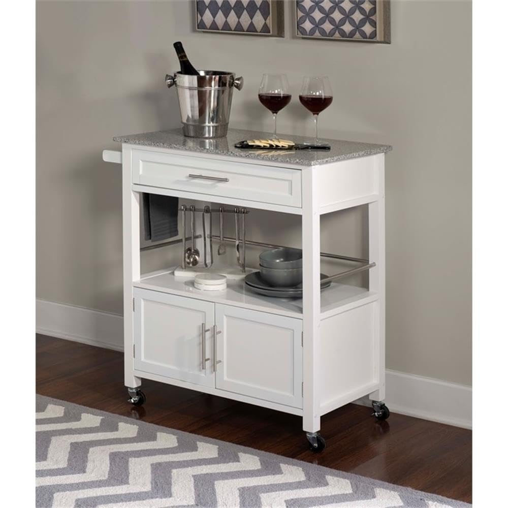 Pemberly Row White Transitional Wood Kitchen Cart with Granite Top - Perfect for Small Spaces, Kitchen Storage & Serving Buffet Style