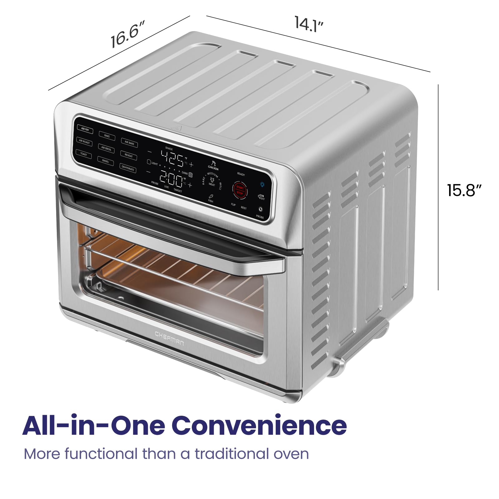 Chefman 12-in-1 Air Fryer Toaster Oven Combo with Probe Thermometer - 20QT Stainless Steel Convection Countertop Oven for Baking, Roasting & Toasting - Fits 10