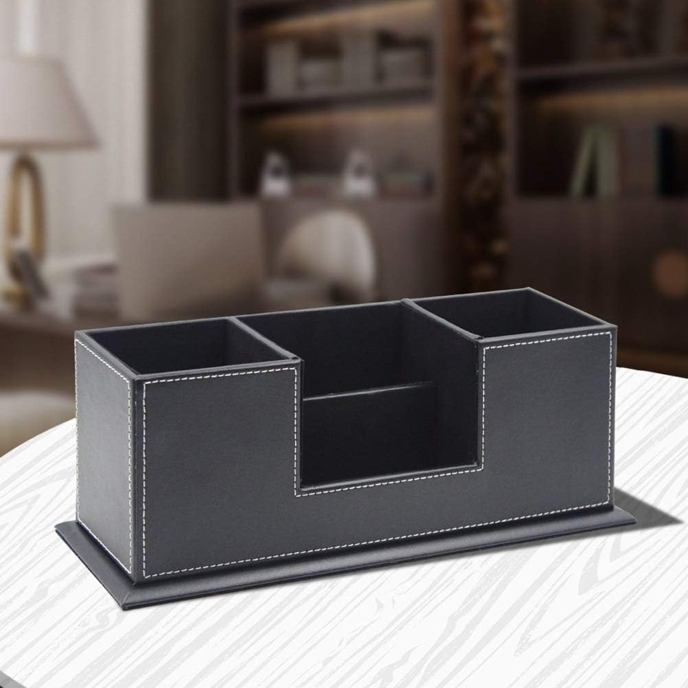 Premium PU Leather Desk Organizer - Stylish Pen & Pencil Holder for Office Supplies, Business Cards, Remote Controls (Black, 11.6