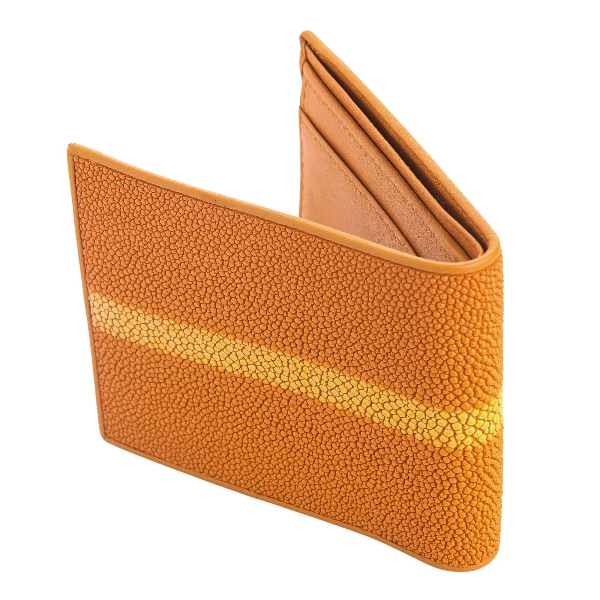 Genuine Orange Stingray Skin Leather Wallet for Men - Slim RFID Blocking Bifold Wallet with Money Clip - Perfect Gift for Dad, Husband, Boyfriend (Business, Travel, Everyday Use)