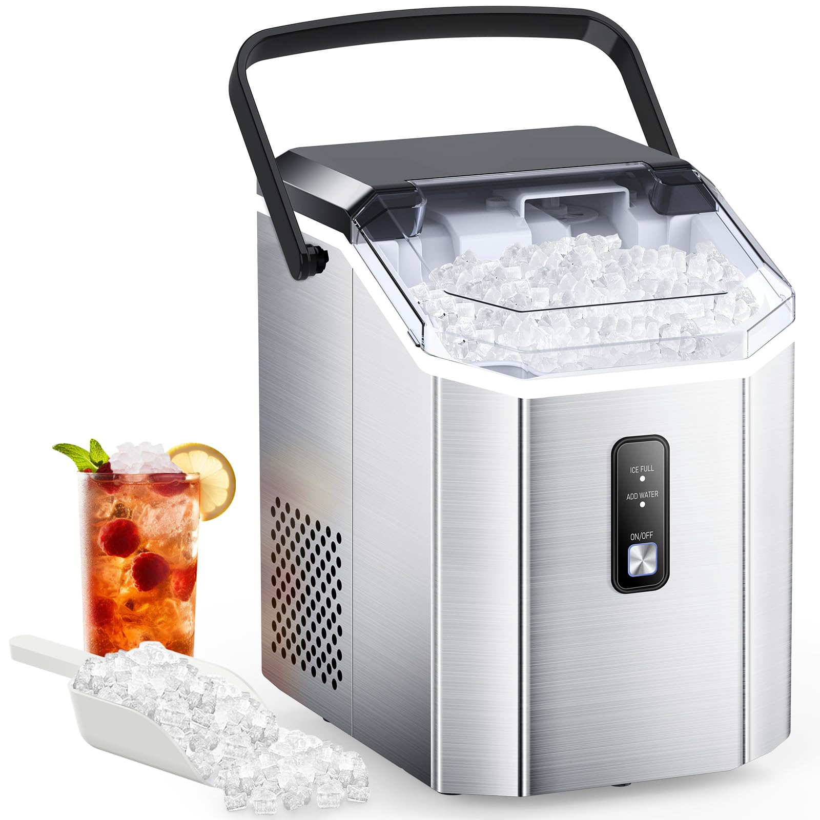 Premium Countertop Nugget Ice Maker - 33lbs/Day, Stainless Steel Portable Ice Machine with Self-Cleaning & Handle | Perfect for Home Bars, Office Breakrooms & Outdoor Parties | Includes Ice Scoop & Basket (Silver)