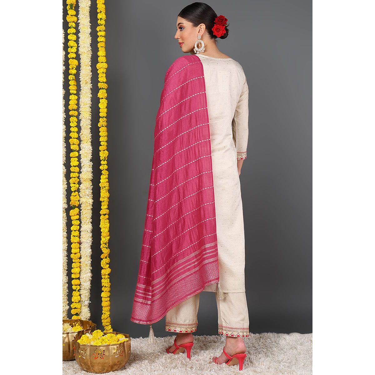 Off-White Silk Blend Party Dress Set for Women - Elegant Festive Outfit for Holiday Parties, Weddings & Special Occasions