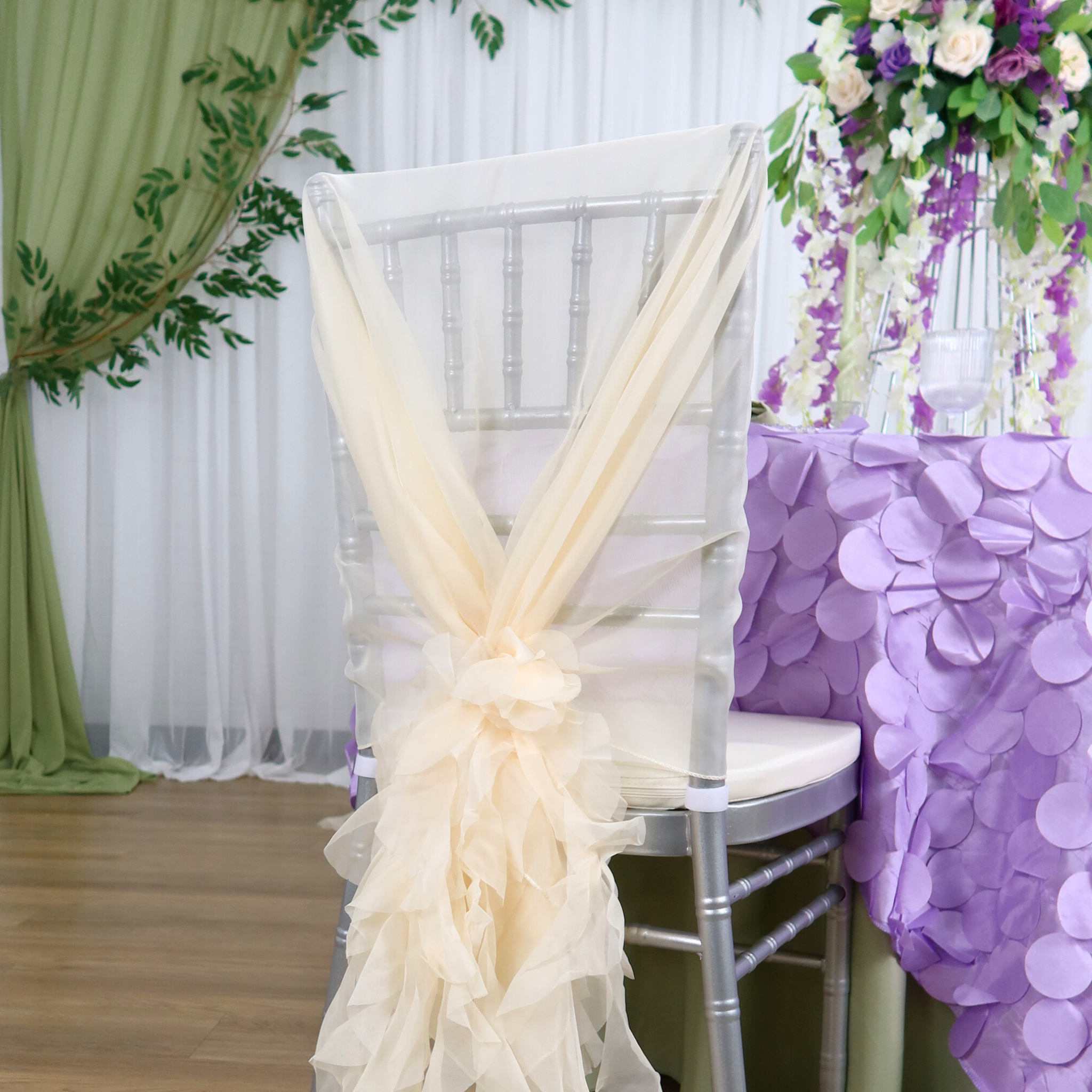 1 Set Soft Curly Willow Ruffles Chair Sash & Cap Ivory - Elegant Wedding Chair Decor for Banquet, Party, and Bridal Shower Decorations