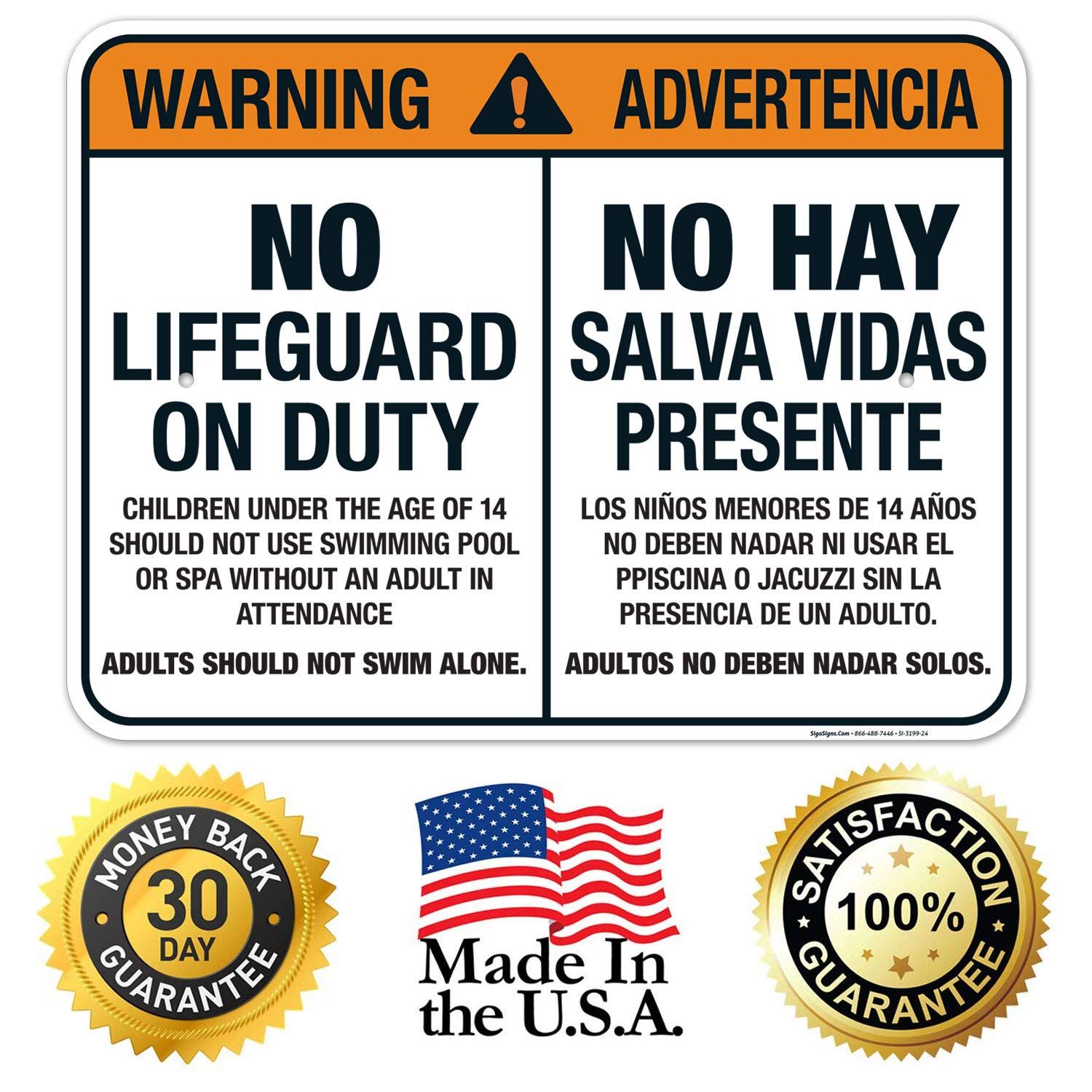 No Lifeguard On Duty Bilingual Sign (English/Spanish) - 18x24 Inches, Rust-Free .063 Aluminum, Fade Resistant - Easy Mounting for Pool, Beach & Public Areas - Indoor/Outdoor Use, Made in USA