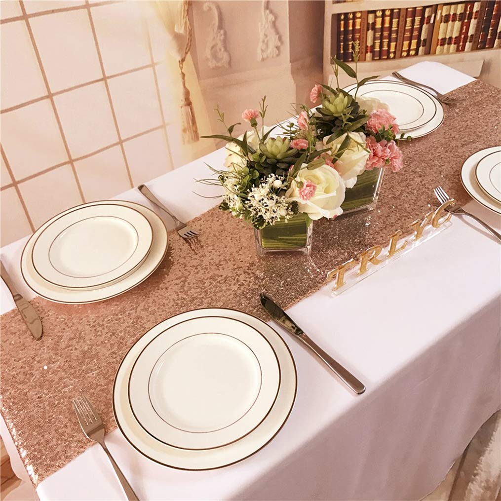 2Pcs Rose Gold Sequin Table Runner Set - 12x108 Inch Elegant Bridal Shower Tablecloth for Wedding, Party, Birthday & Baby Shower Decor | Perfect for Home Decor, Dining Table Centerpiece & Special Event Styling