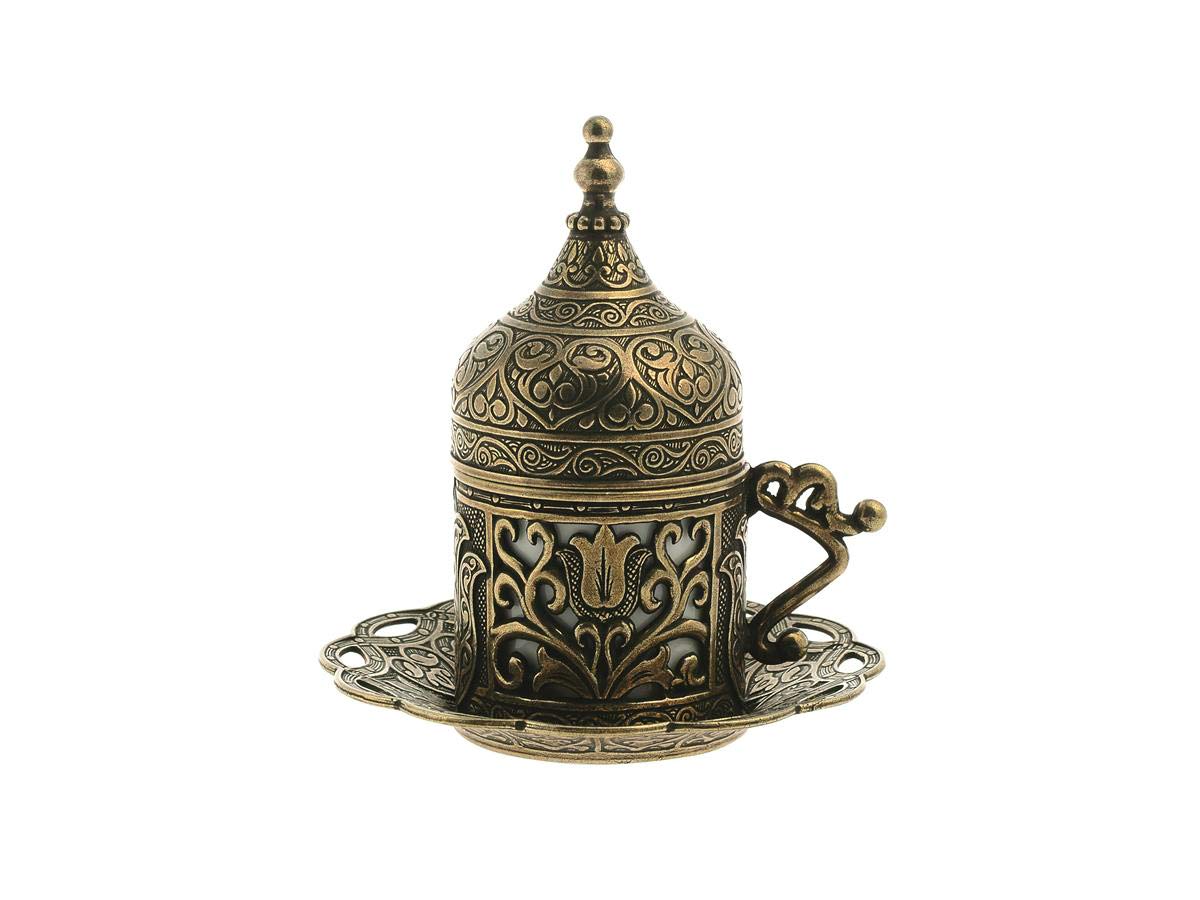 Authentic Green 6-Piece Turkish Espresso Coffee Cup Set with Saucers & Lids - Traditional Ottoman Tulip Motif (Lale) - Perfect for Home, Cafe & Gift Giving - Multiple Color Options Available
