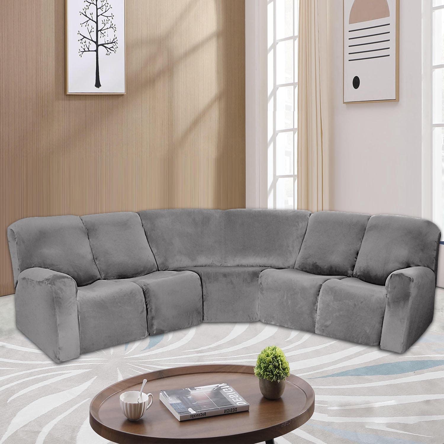 ELEOPTION 5-Seat Sectional Recliner Cover - Velvet Stretch Sofa Slipcover for L-Shaped Corner Reclining Couch - 7-Piece Washable Furniture Protector (Grey) - Perfect for Living Room, Home Theater & Family Gatherings