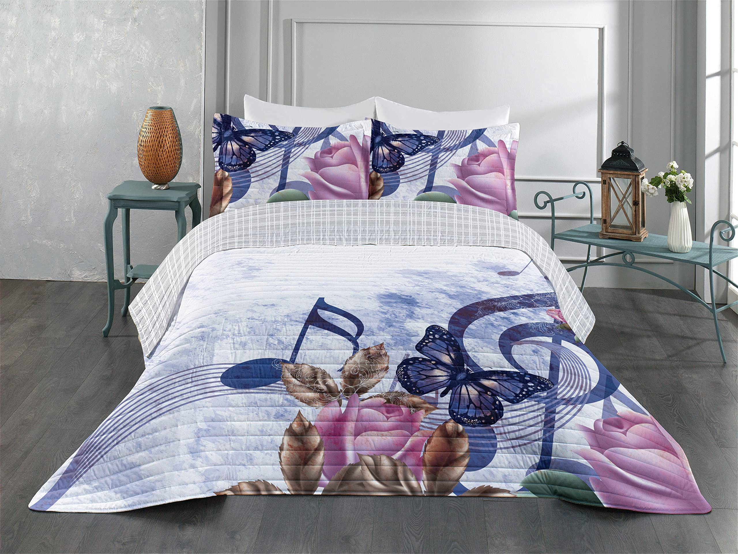 Ambesonne Reversible Queen Size Bedspread Set with Pillow Shams - Music Roses Victorian Floral Design in Lavender Blue | Microfiber Comforter for Romantic Bedroom Decor, Bridal Suite or Vintage Themed Guest Room