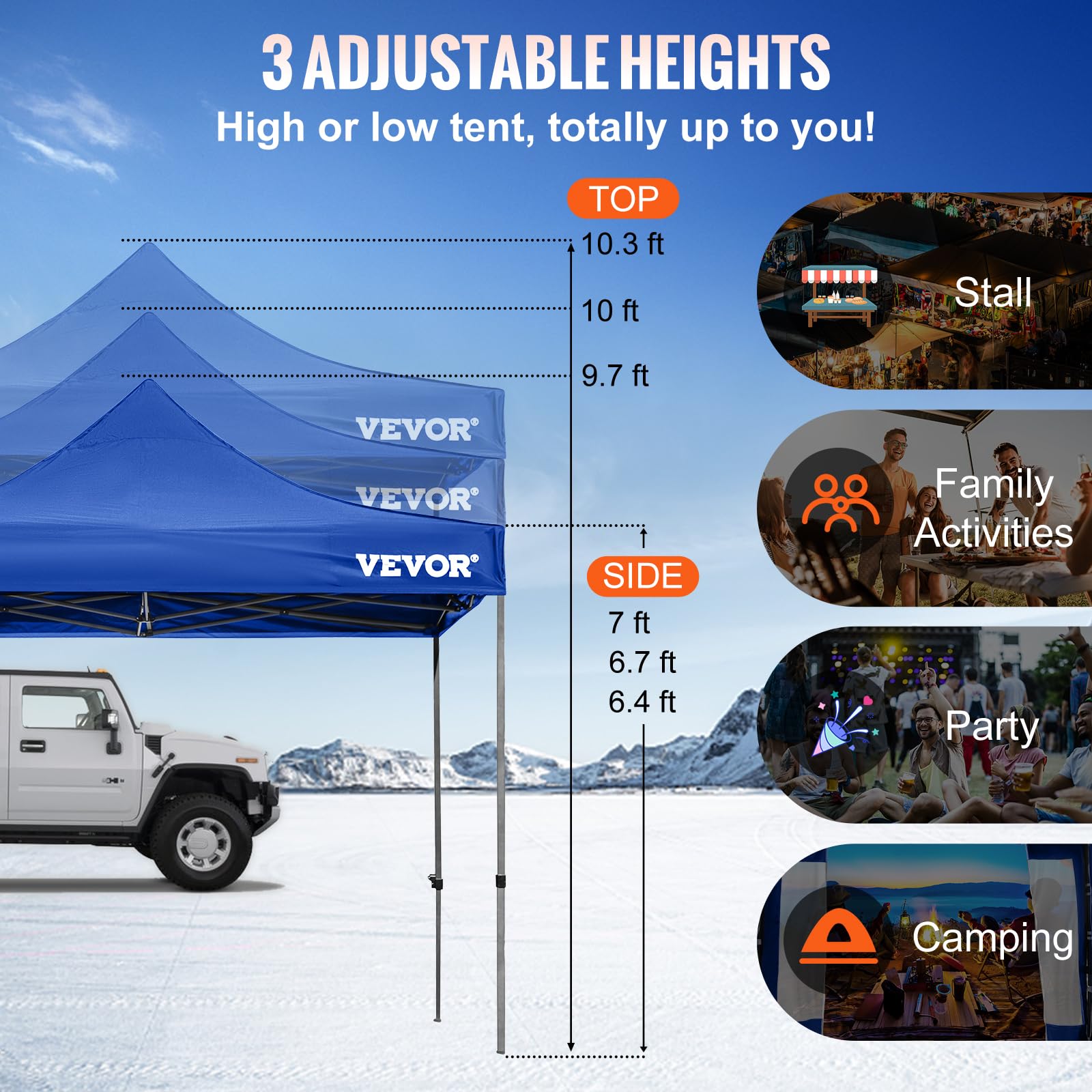 VEVOR 10x10 Pop Up Canopy Tent with Removable Sidewalls & Wheeled Carry Bag - Instant Portable Shelter for Outdoor Events, UV-Resistant Waterproof Gazebo for Camping, Parties, Farmers Markets, Beach & Backyard Gatherings - Blue Commercial Grade Canopy Tent