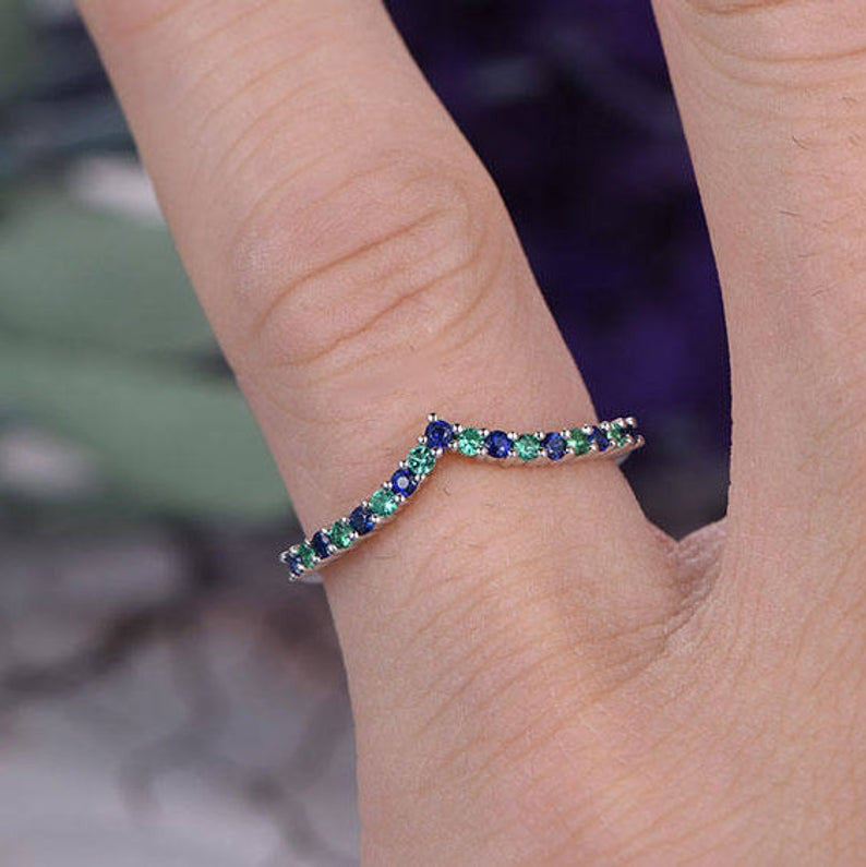 14K White Gold Natural Emerald & Sapphire Curved V Wedding Band - Half Eternity Stackable Ring with Bar Setting for Women, Anniversary, Promise Ring, Gift for Her - Perfect for Stacking, Bridal Sets, and Special Occasions