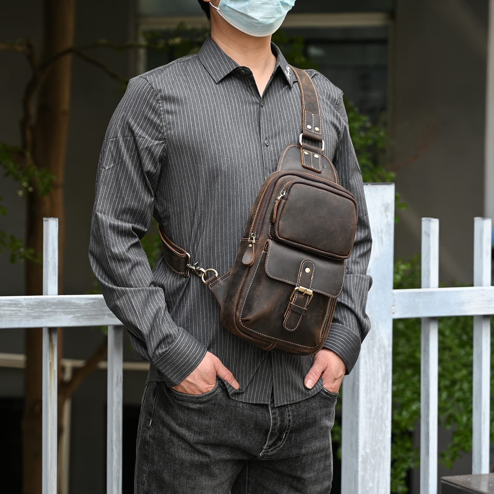 Men's Leather Crossbody Chest Sling Bag - Fashionable Casual Travel & Hiking Shoulder Strap Bag (Dark Brown) - Perfect for Outdoor Adventures, Daily Commute & Hands-Free Convenience