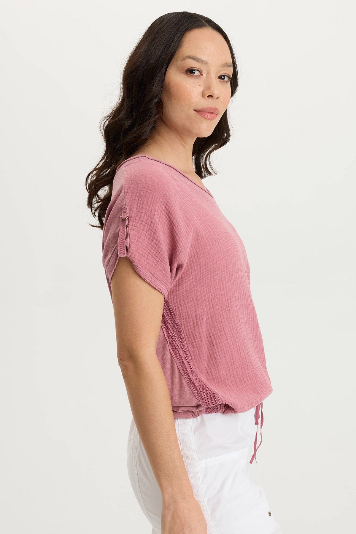 Bower Gauze & Jersey Tabbed Sleeve Bubble Hem V-Neck Tee - Soft Casual Women's T-Shirt for Everyday Wear, Date Night & Summer Outfits