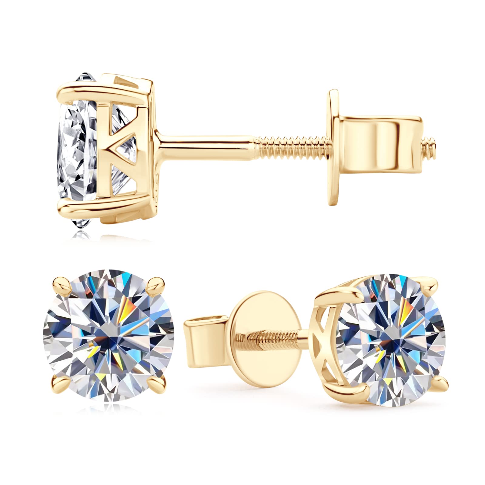 Lab-Created Moissanite Stud Earrings 1.60cttw 6mm Round Cut in 10K Real Yellow Gold, Screw Back Secure Solitaire Studs for Men & Women - Perfect for Everyday Wear, Anniversary Gifts & Special Occasions