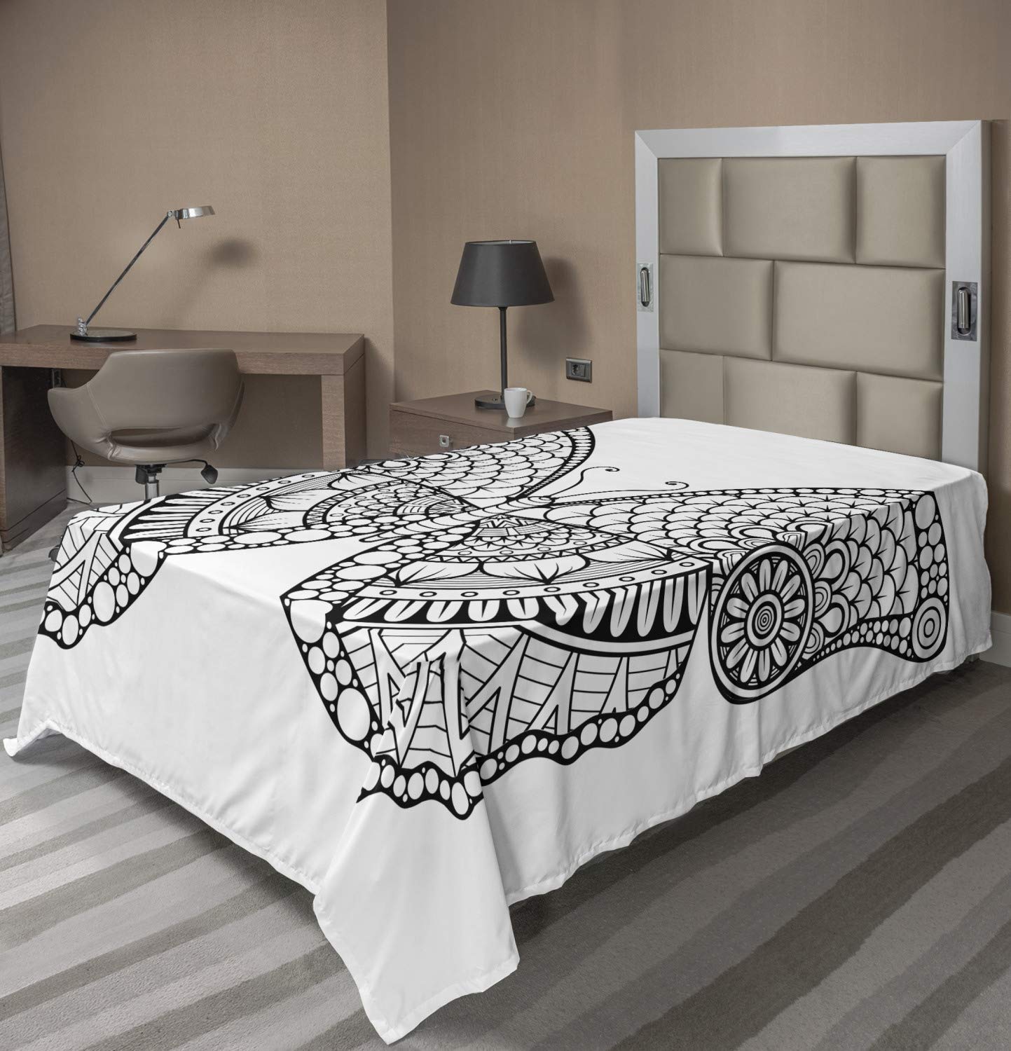 Ambesonne Folk Flat Sheet - Black & White Butterfly Design with Eastern Civilization Elements, Soft & Comfortable Twin Size Bed Sheet for Home Decor, Guest Room, or Bohemian Style Bedroom