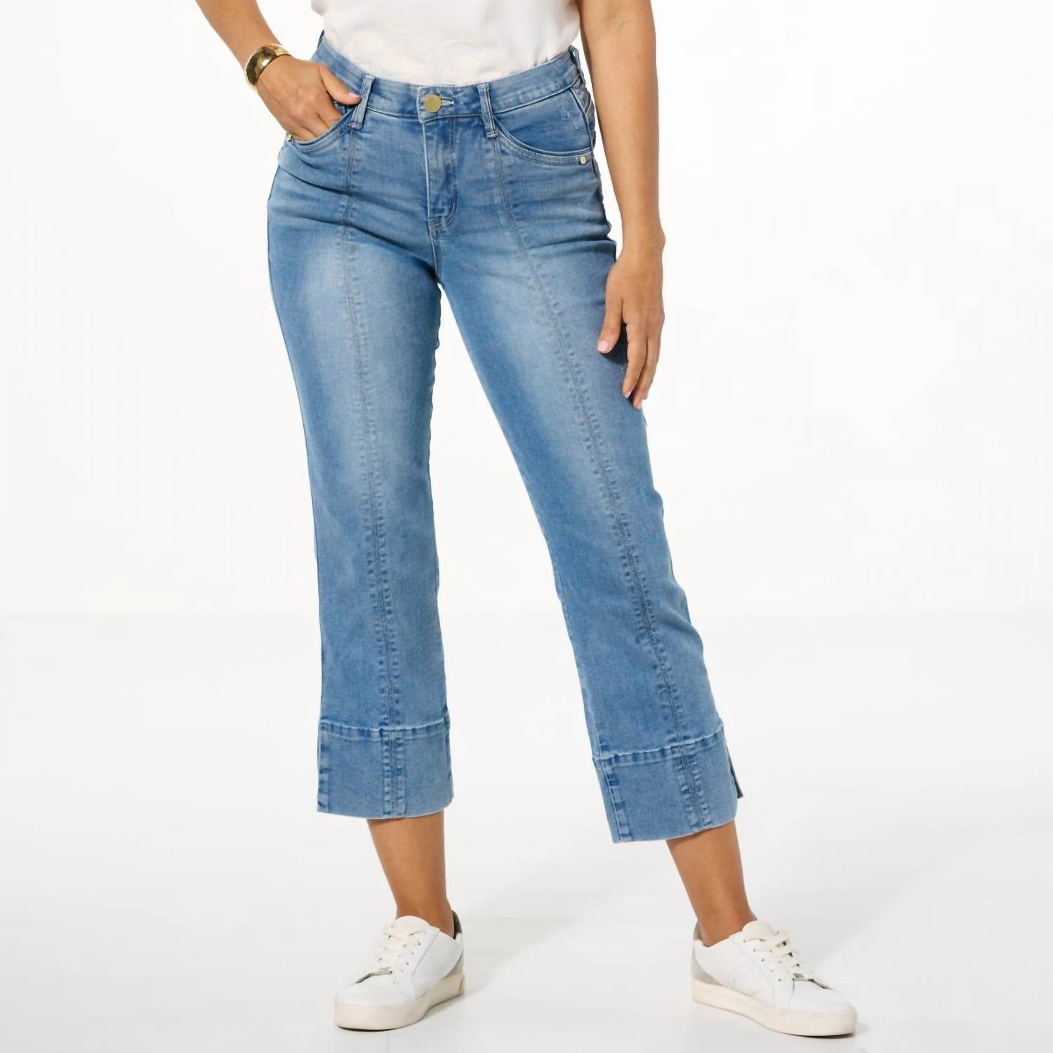 Absolution High Rise Center Seam Slit Hem Kick Flare Jeans - Light Blue Denim Pants for Women | Perfect for Casual Outings & Date Nights