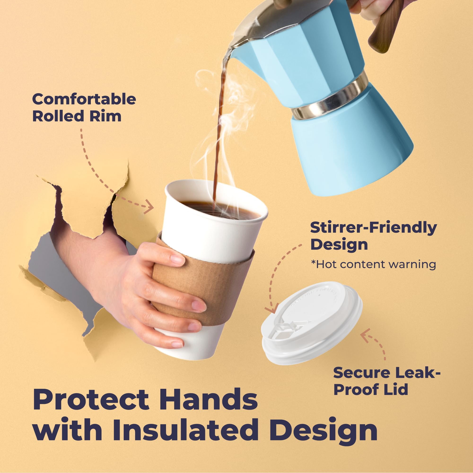 500 Pack 16 oz Disposable Coffee Cups with Lids & Sleeves - Leak-Proof To-Go Hot Paper Cups for Coffee, Tea, Hot Chocolate - Ideal for Home, Office, Cafes, Restaurants, Parties, and Business Use