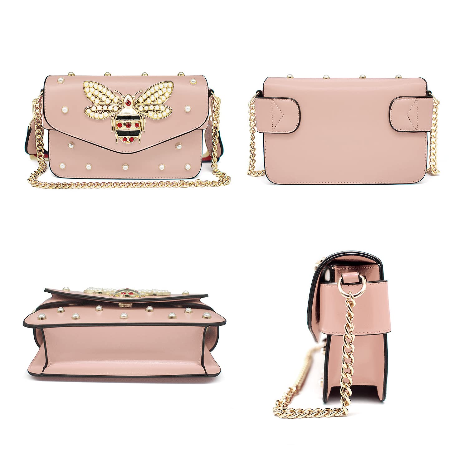 Designer Bee Crossbody Bag with Pearl - Women's PU Leather Clutch for Parties & Events