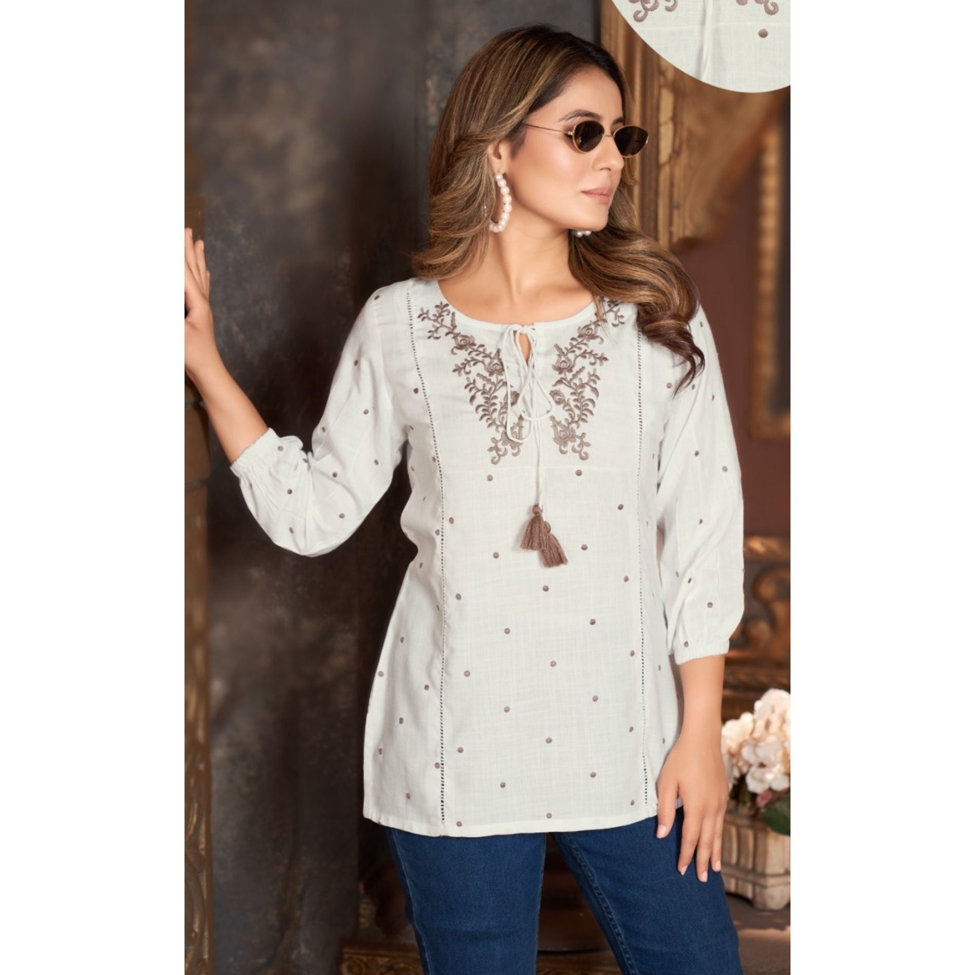 Elegant Short Kurti for Women - Off White with Yolk Embellishments | Casual & Party Wear | Perfect for Festivals, Weddings & Daily Outfits